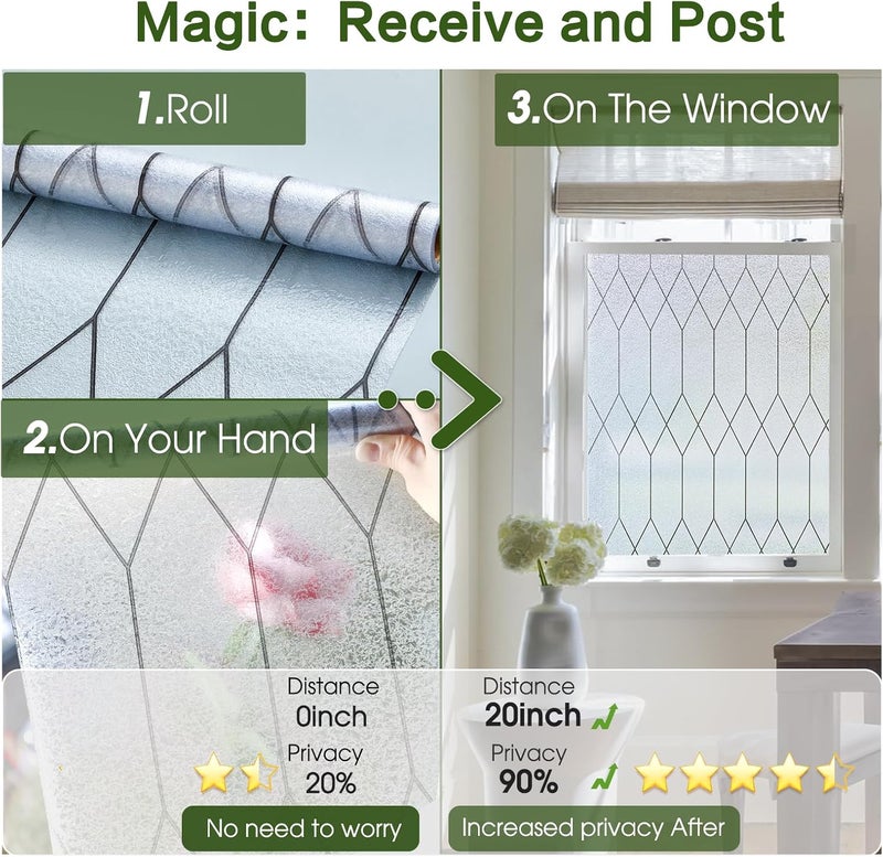 Windimiley Window Privacy Film Stained Glass Static Clings, Bathroom Frosted Leaded Decorative Window Stickers, UV Heat Blocking Opaque Removable for Home Door Coverings (35.4 x 78.7 in,Pure) - Image 5